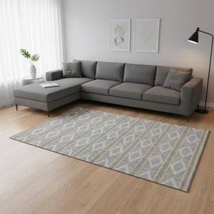 HomeRoots 9' X 12' Gray Ivory Gold Geometric Area Rug - Washable, UV-Protected, Durable for High-Traffic Spaces 680782
