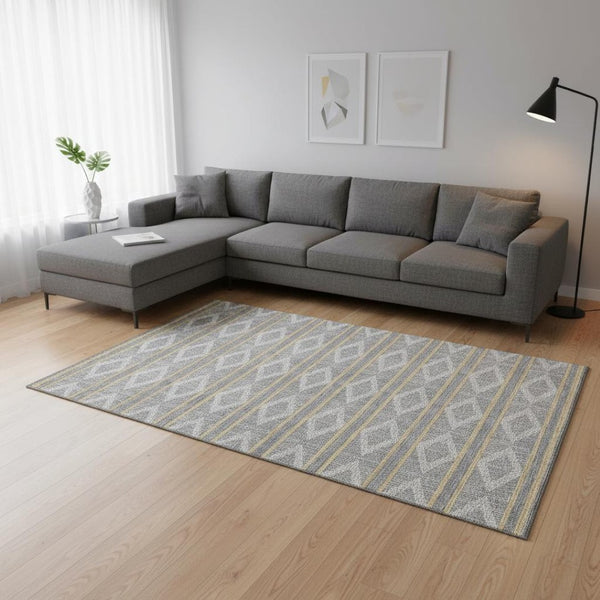 HomeRoots 9' X 12' Gray Ivory Gold Geometric Area Rug - Washable, UV-Protected, Durable for High-Traffic Spaces 680782