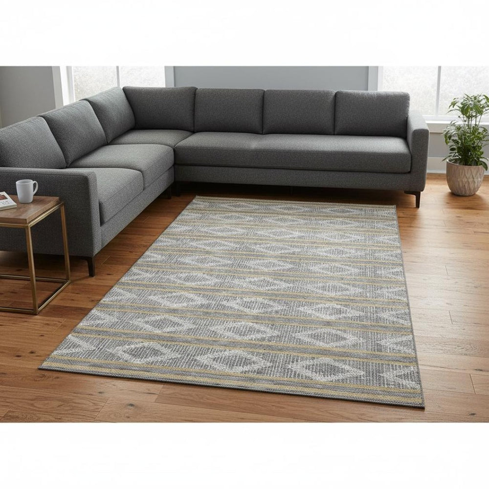HomeRoots 10' X 14' Stylish Gray, Ivory & Gold Geometric Area Rug – Washable, UV-Protected & Stain Resistant! 680783