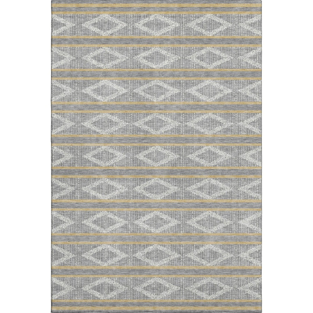 HomeRoots 10' X 14' Stylish Gray, Ivory & Gold Geometric Area Rug – Washable, UV-Protected & Stain Resistant! 680783