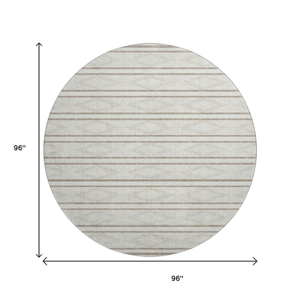 HomeRoots 8' Ivory and Taupe Geometric Round Rug - Washable, UV Protected, Family-Friendly for High-Traffic Spaces 680786