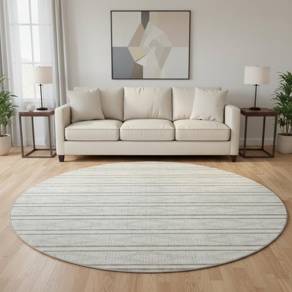 HomeRoots 8' Ivory and Taupe Geometric Round Rug - Washable, UV Protected, Family-Friendly for High-Traffic Spaces 680786
