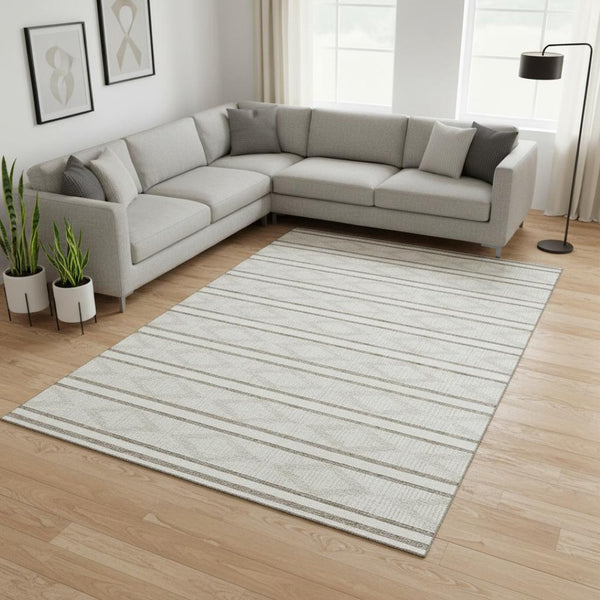 HomeRoots 9' X 12' Ivory and Taupe Geometric Area Rug - Washable, UV Protected, Stain Resistant for Everyday Use 680788