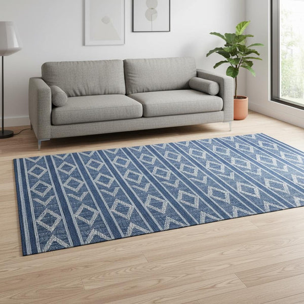 HomeRoots 5' X 8' Navy Blue & Ivory Geometric Area Rug – Durable, Washable, UV-Protected for Modern Homes 680791