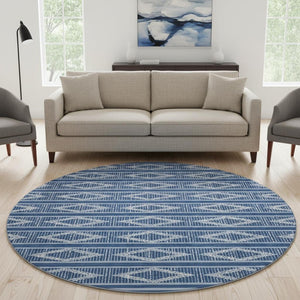 HomeRoots 8' Navy Blue & Ivory Geometric Washable Round Rug – Durable, Stylish, Stain-Resistant with UV Protection! 680792