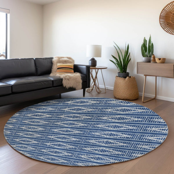 HomeRoots 8' Navy Blue & Ivory Geometric Washable Round Rug – Durable, Stylish, Stain-Resistant with UV Protection! 680792