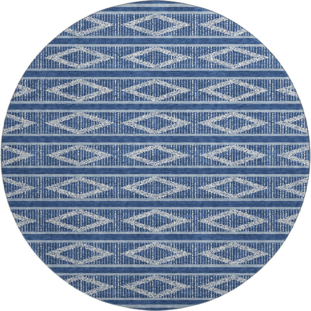 HomeRoots 8' Navy Blue & Ivory Geometric Washable Round Rug – Durable, Stylish, Stain-Resistant with UV Protection! 680792