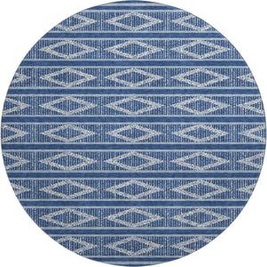 HomeRoots 8' Navy Blue & Ivory Geometric Washable Round Rug – Durable, Stylish, Stain-Resistant with UV Protection! 680792
