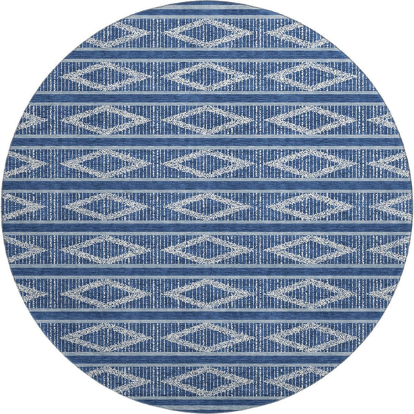 HomeRoots 8' Navy Blue & Ivory Geometric Washable Round Rug – Durable, Stylish, Stain-Resistant with UV Protection! 680792
