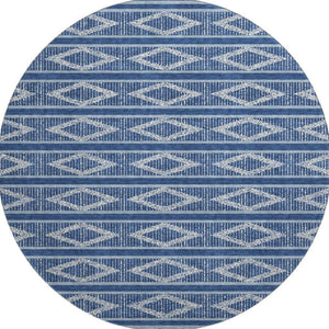 HomeRoots 8' Navy Blue & Ivory Geometric Washable Round Rug – Durable, Stylish, Stain-Resistant with UV Protection! 680792