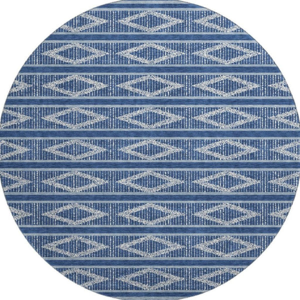 HomeRoots 8' Navy Blue & Ivory Geometric Washable Round Rug – Durable, Stylish, Stain-Resistant with UV Protection! 680792