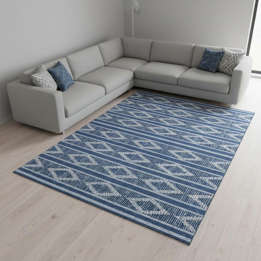 HomeRoots 8' X 10' Navy Blue and Ivory Geometric Area Rug - Washable, UV-Protected, Stylish for High-Traffic Areas 680793