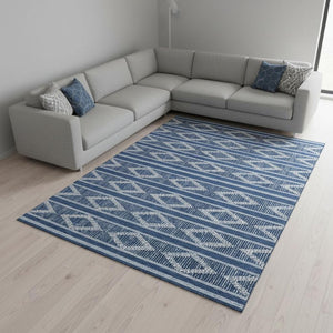 HomeRoots 8' X 10' Navy Blue and Ivory Geometric Area Rug - Washable, UV-Protected, Stylish for High-Traffic Areas 680793