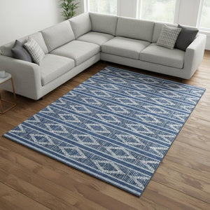 HomeRoots 9' X 12' Navy Blue & Ivory Geometric Area Rug - Washable, UV Protected, Durable for High-Traffic Spaces 680794