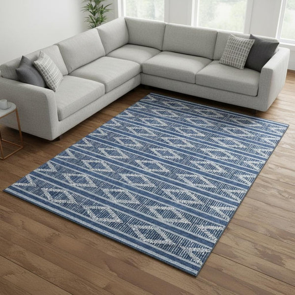 HomeRoots 9' X 12' Navy Blue & Ivory Geometric Area Rug - Washable, UV Protected, Durable for High-Traffic Spaces 680794