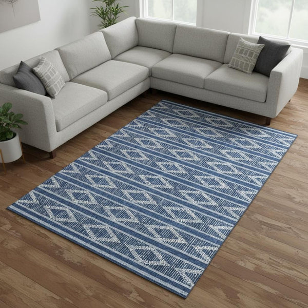 HomeRoots 10' X 14' Navy Blue & Ivory Geometric Area Rug - Washable, UV Protected, Stain-Resistant Design 680795