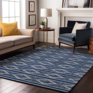 HomeRoots 10' X 14' Navy Blue & Ivory Geometric Area Rug - Washable, UV Protected, Stain-Resistant Design 680795
