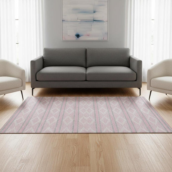HomeRoots 5' X 8' Pink And Ivory Geometric Area Rug – Washable, UV-Protected, Perfect for High-Traffic Spaces! 680797