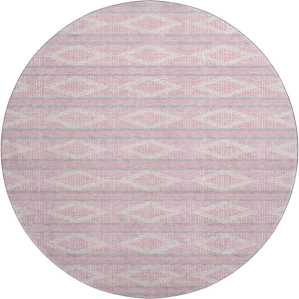 HomeRoots 8' Pink And Ivory Geometric Round Rug – Stylish, Washable, UV-Protected, Perfect for Kids & Pets! 680798