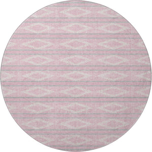 HomeRoots 8' Pink And Ivory Geometric Round Rug – Stylish, Washable, UV-Protected, Perfect for Kids & Pets! 680798