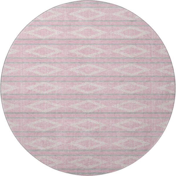 HomeRoots 8' Pink And Ivory Geometric Round Rug – Stylish, Washable, UV-Protected, Perfect for Kids & Pets! 680798