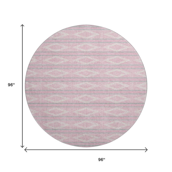 HomeRoots 8' Pink And Ivory Geometric Round Rug – Stylish, Washable, UV-Protected, Perfect for Kids & Pets! 680798