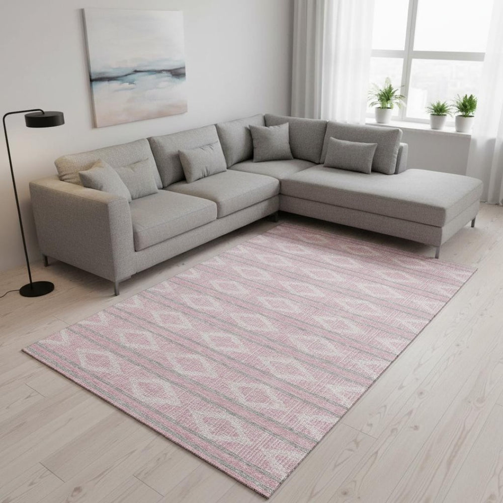 HomeRoots 8' X 10' Pink and Ivory Geometric Area Rug - Washable, UV-Protected, Durable for High-Traffic Spaces 680799