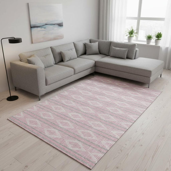 HomeRoots 8' X 10' Pink and Ivory Geometric Area Rug - Washable, UV-Protected, Durable for High-Traffic Spaces 680799