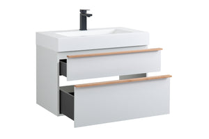 English Elm VELA 30 Inch Wall Mounted Bathroom Vanity with Integrated Acrylic Sink, Dual Wood Handles, Soft-Close Drawers, Matte Finish White W3235P327594