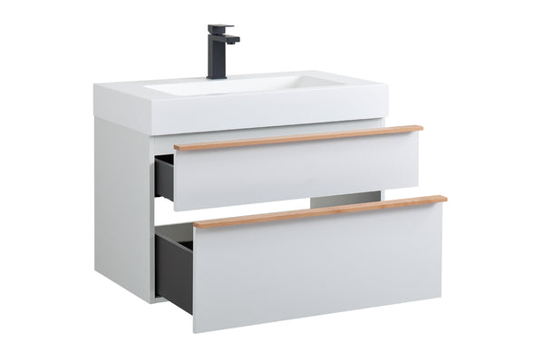 English Elm VELA 30 Inch Wall Mounted Bathroom Vanity with Integrated Acrylic Sink, Dual Wood Handles, Soft-Close Drawers, Matte Finish White W3235P327594