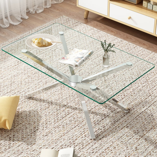 English Elm 39.37" Rectangular Clear Tempered Glass Coffee Table With Sleek Silver Metal Legs For Modern Living Room W241P227959