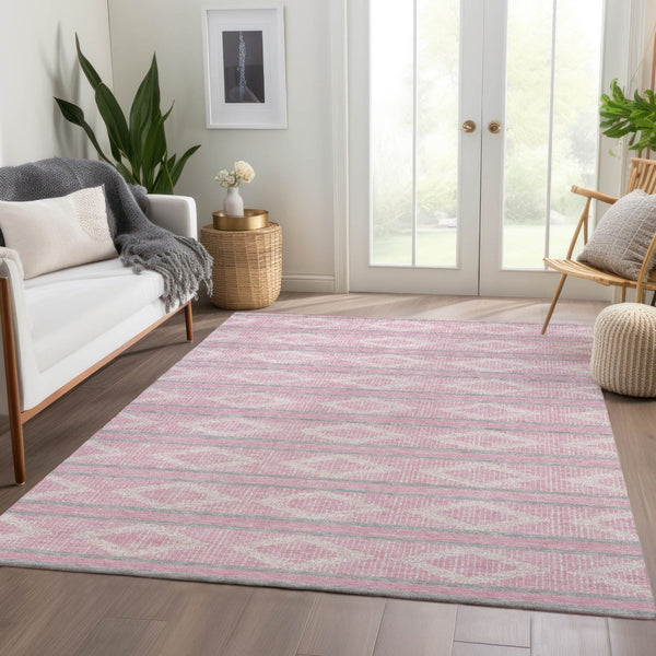 HomeRoots 10' Pink and Ivory Geometric Washable Area Rug - Durable, UV-Protected, Perfect for High-Traffic Spaces 680801