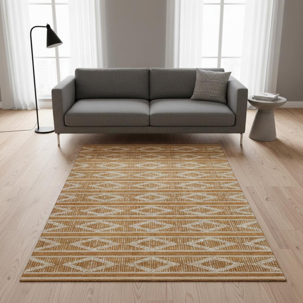 HomeRoots 5' X 8' Rust and Ivory Geometric Area Rug – Washable, UV Protected, Soft & Stain-Resistant Design! 680803