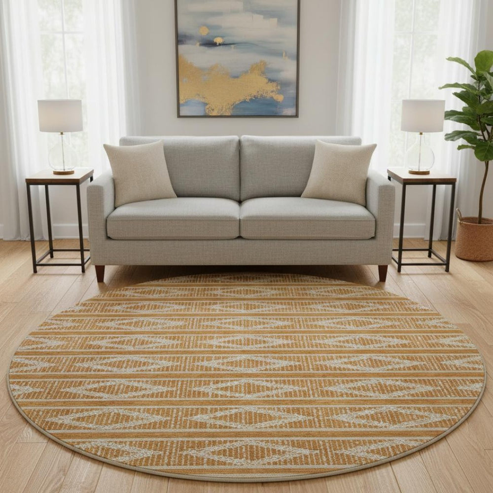 HomeRoots 8' Washable Round Rug in Rust & Ivory - Stylish Geometric Design with UV Protection for Any Space 680804