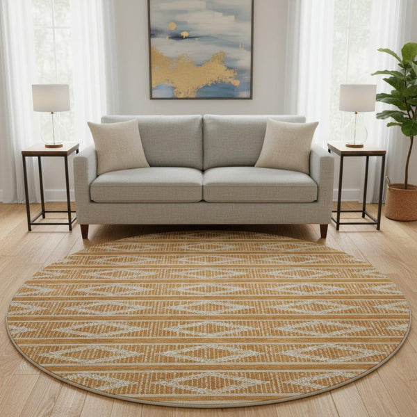 HomeRoots 8' Washable Round Rug in Rust & Ivory - Stylish Geometric Design with UV Protection for Any Space 680804