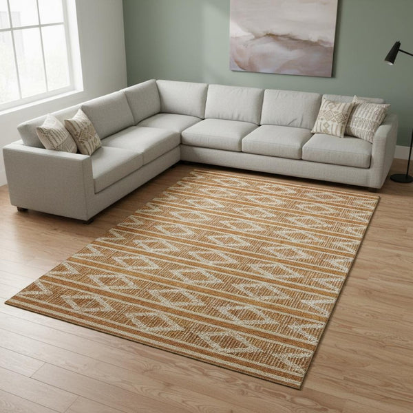 HomeRoots 8' X 10' Geometric Washable Area Rug in Rust & Ivory - Stylish, Durable, Stain-Resistant Design! 680805