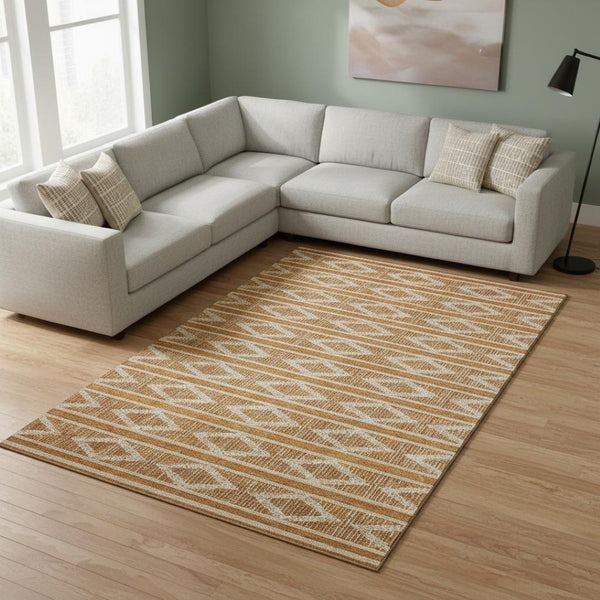 HomeRoots 10' X 14' Stylish Rust and Ivory Geometric Area Rug - Washable, UV-Protected, Perfect for Family Spaces! 680807