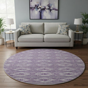 HomeRoots 8' Purple and Ivory Geometric Round Rug - Stylish, Washable, UV-Protected for High-Traffic Spaces 680810