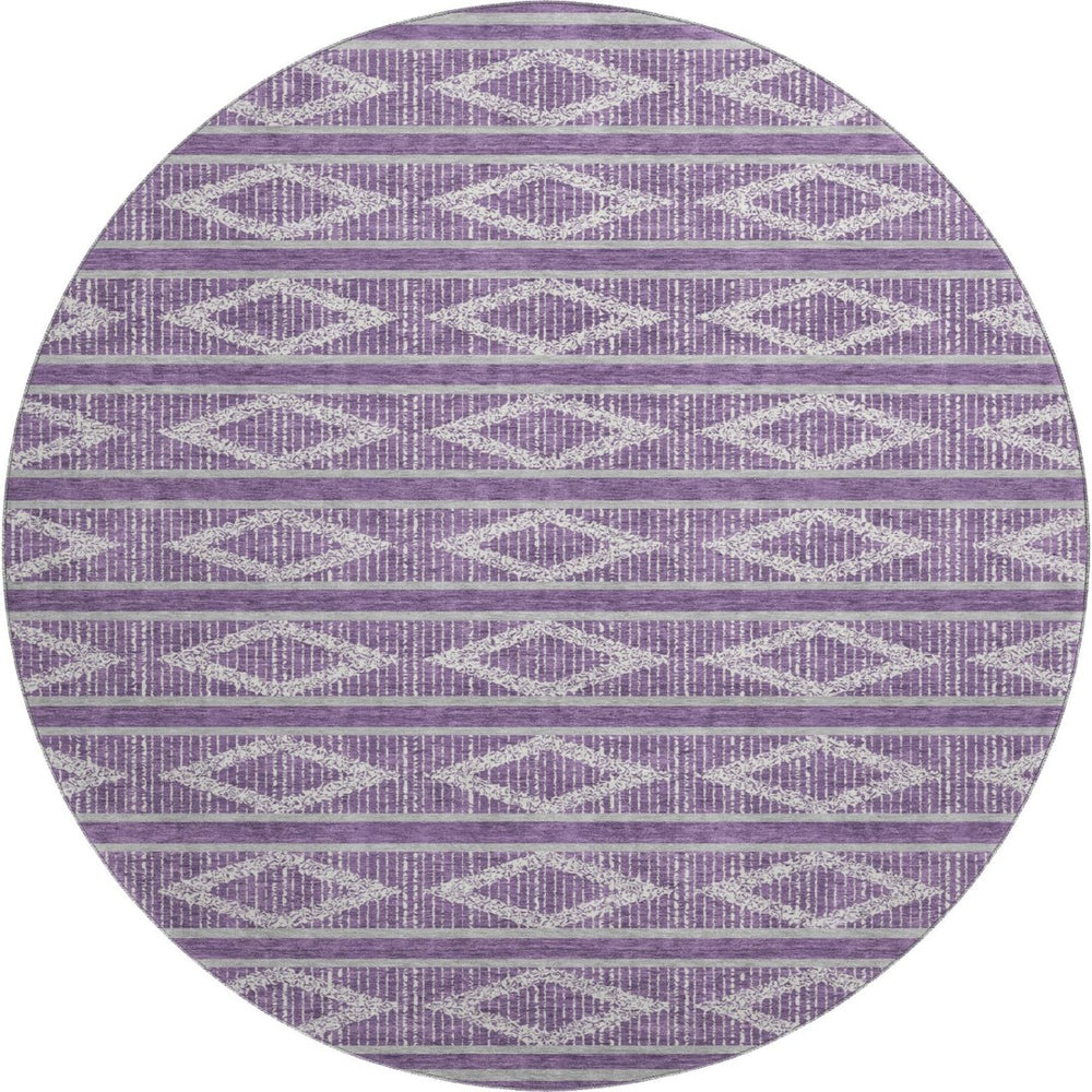 HomeRoots 8' Purple and Ivory Geometric Round Rug - Stylish, Washable, UV-Protected for High-Traffic Spaces 680810