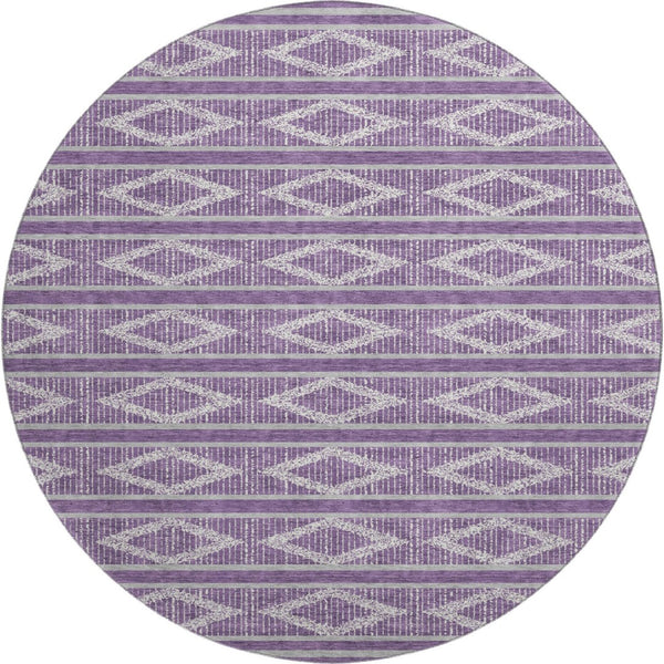 HomeRoots 8' Purple and Ivory Geometric Round Rug - Stylish, Washable, UV-Protected for High-Traffic Spaces 680810