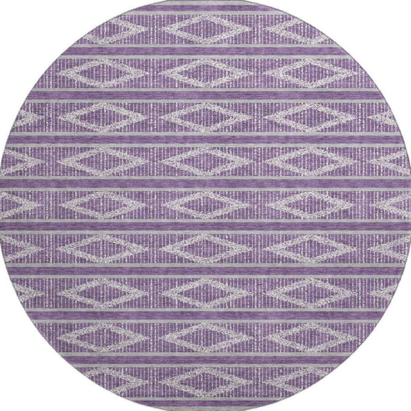 HomeRoots 8' Purple and Ivory Geometric Round Rug - Stylish, Washable, UV-Protected for High-Traffic Spaces 680810