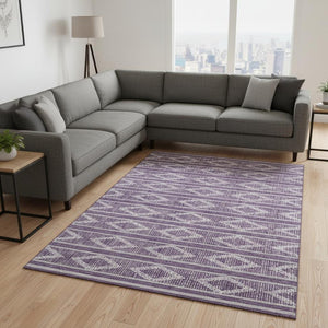 HomeRoots 9' X 12' Purple and Ivory Geometric Washable Area Rug - Stylish, Durable, and UV-Protected Design! 680812