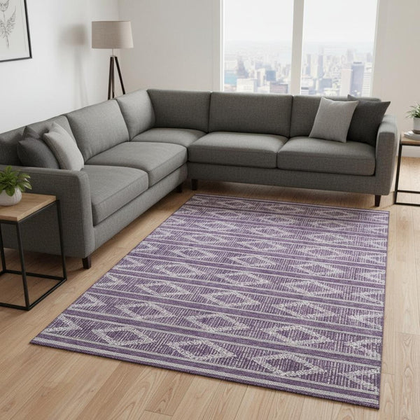 HomeRoots 9' X 12' Purple and Ivory Geometric Washable Area Rug - Stylish, Durable, and UV-Protected Design! 680812