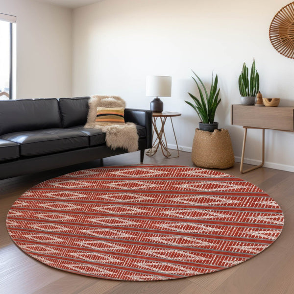 HomeRoots 8' Red And Ivory Geometric Round Rug - Washable, UV Protected, Stylish & Durable for High-Traffic Areas 680816