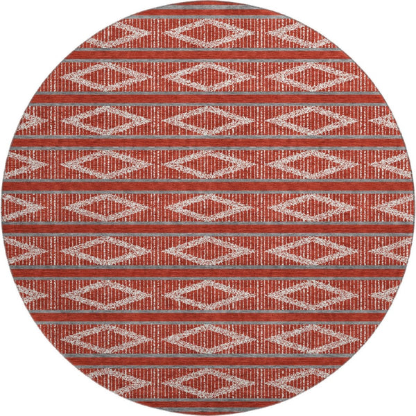 HomeRoots 8' Red And Ivory Geometric Round Rug - Washable, UV Protected, Stylish & Durable for High-Traffic Areas 680816