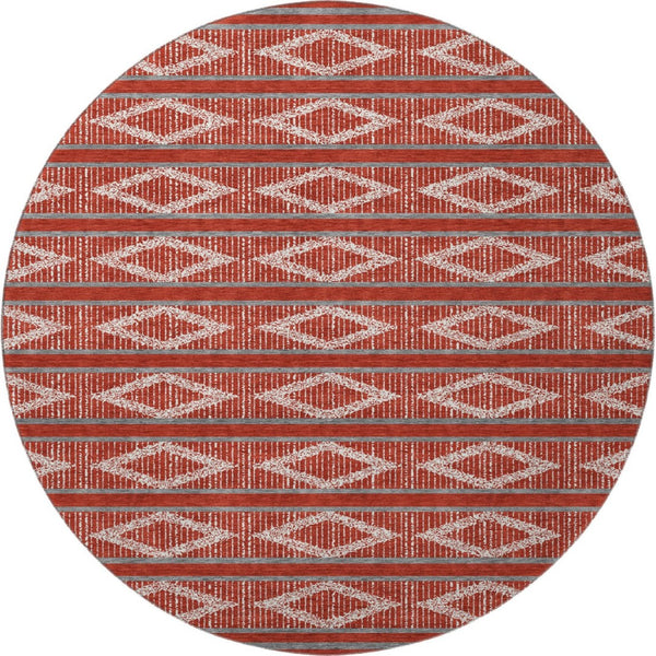 HomeRoots 8' Red And Ivory Geometric Round Rug - Washable, UV Protected, Stylish & Durable for High-Traffic Areas 680816