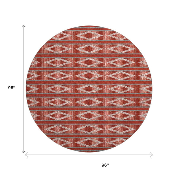 HomeRoots 8' Red And Ivory Geometric Round Rug - Washable, UV Protected, Stylish & Durable for High-Traffic Areas 680816