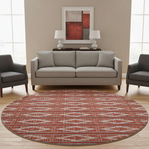 HomeRoots 8' Red And Ivory Geometric Round Rug - Washable, UV Protected, Stylish & Durable for High-Traffic Areas 680816