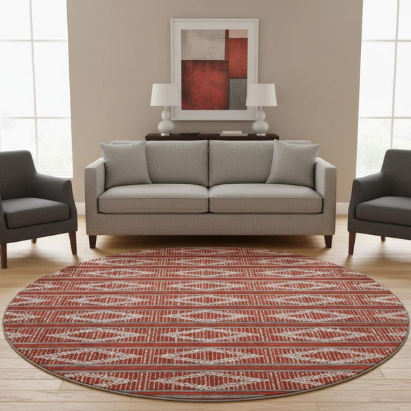 HomeRoots 8' Red And Ivory Geometric Round Rug - Washable, UV Protected, Stylish & Durable for High-Traffic Areas 680816
