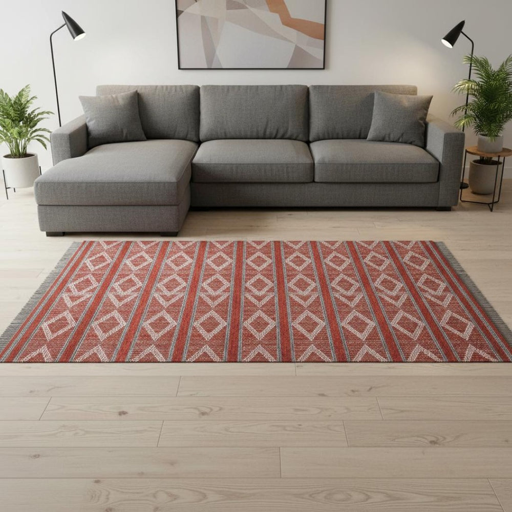 HomeRoots 8' X 10' Red and Ivory Geometric Washable Area Rug - Durable, Stylish, UV-Protected for High-Traffic Areas 680817